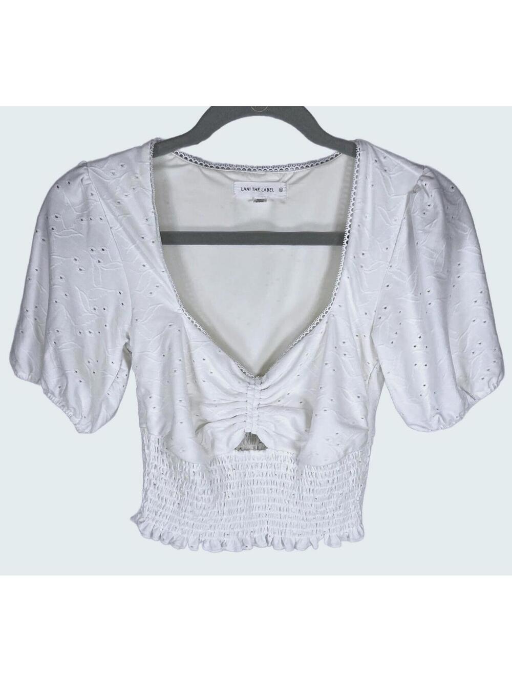Cottagecore White Eyelet Puff Sleeve Smocked Crop Top Romantic Coastal Blouse S